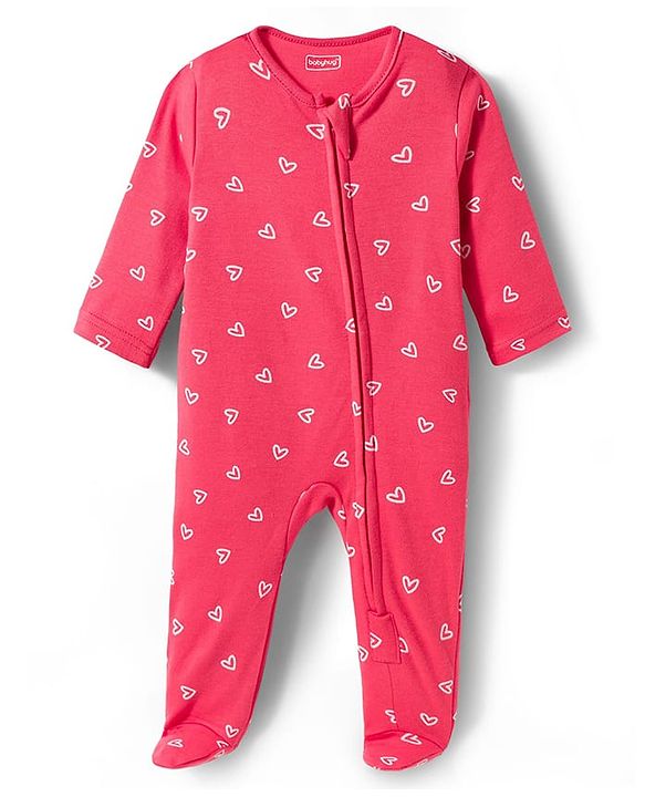 Babyhug Cotton Knit Full Sleeves Footed Sleepsuit With Heart Print & Cap - Pink