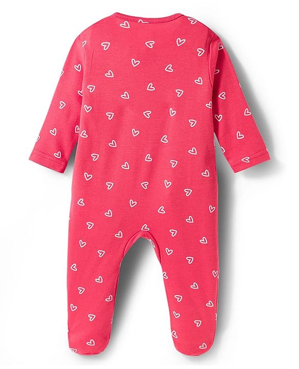 Babyhug Cotton Knit Full Sleeves Footed Sleepsuit With Heart Print & Cap - Pink