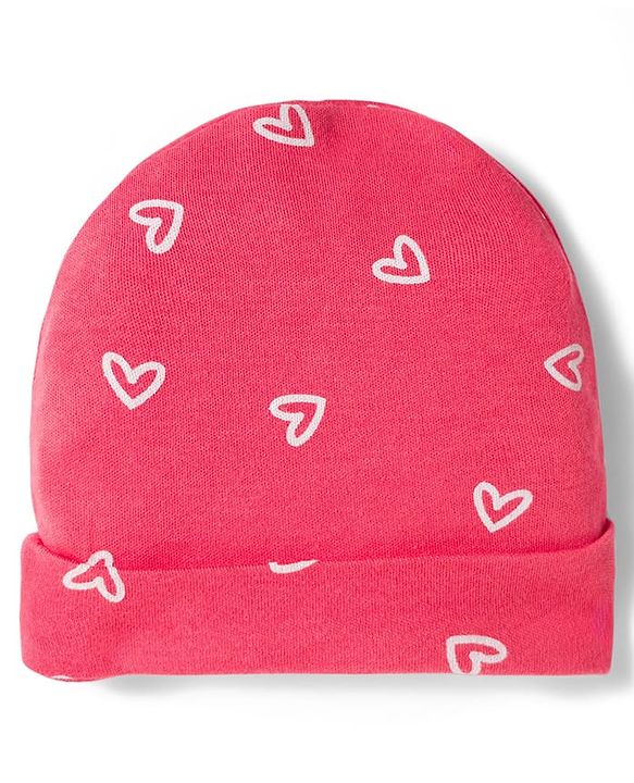Babyhug Cotton Knit Full Sleeves Footed Sleepsuit With Heart Print & Cap - Pink