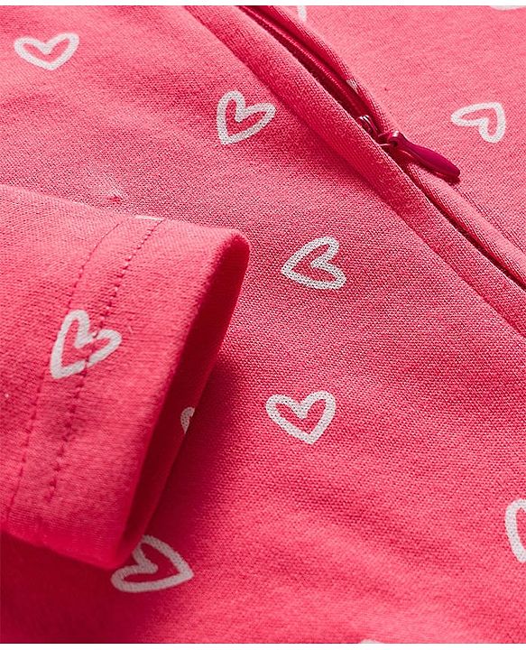 Babyhug Cotton Knit Full Sleeves Footed Sleepsuit With Heart Print & Cap - Pink
