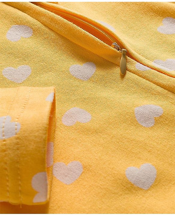 Babyhug Cotton Knit Full Sleeves Footed Sleepsuit With Heart Print - Yellow