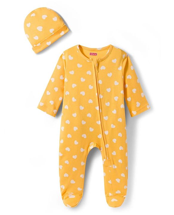 Babyhug Cotton Knit Full Sleeves Footed Sleepsuit With Heart Print - Yellow