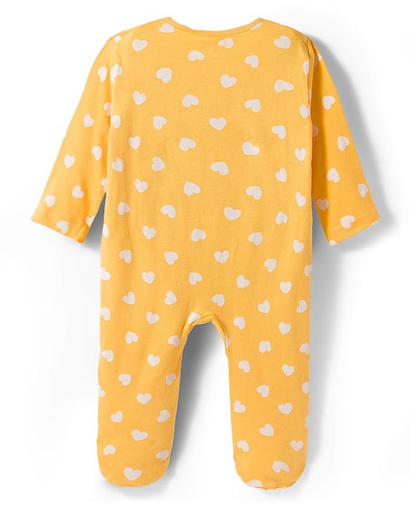 Babyhug Cotton Knit Full Sleeves Footed Sleepsuit With Heart Print - Yellow