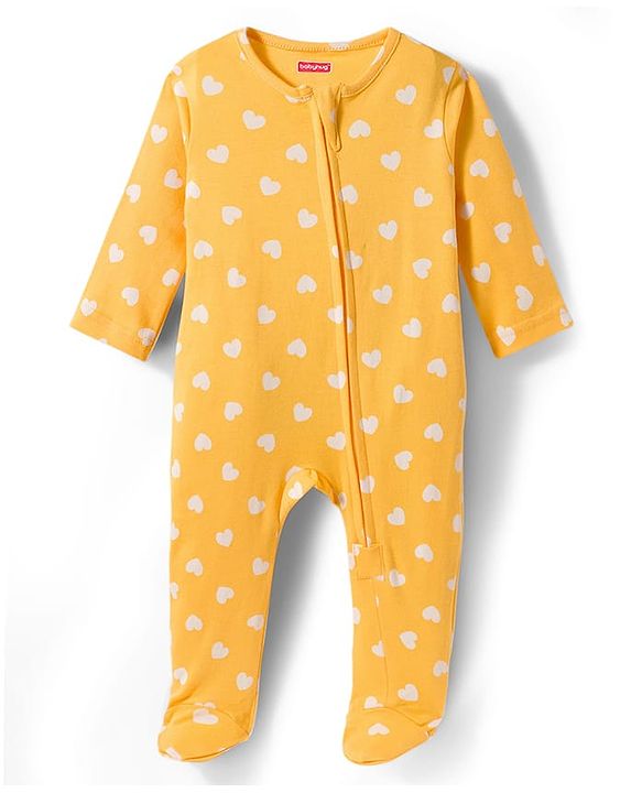 Babyhug Cotton Knit Full Sleeves Footed Sleepsuit With Heart Print - Yellow