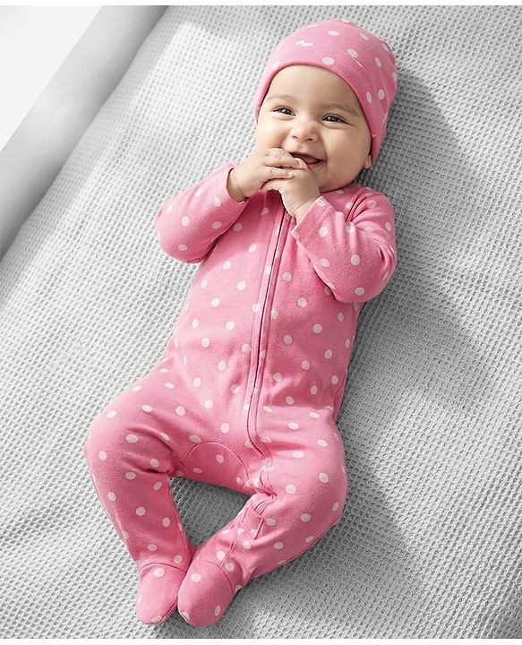 Babyhug Cotton Knit Full Sleeves Footed Sleepsuit With Polka Dots Print & Cap - Pink