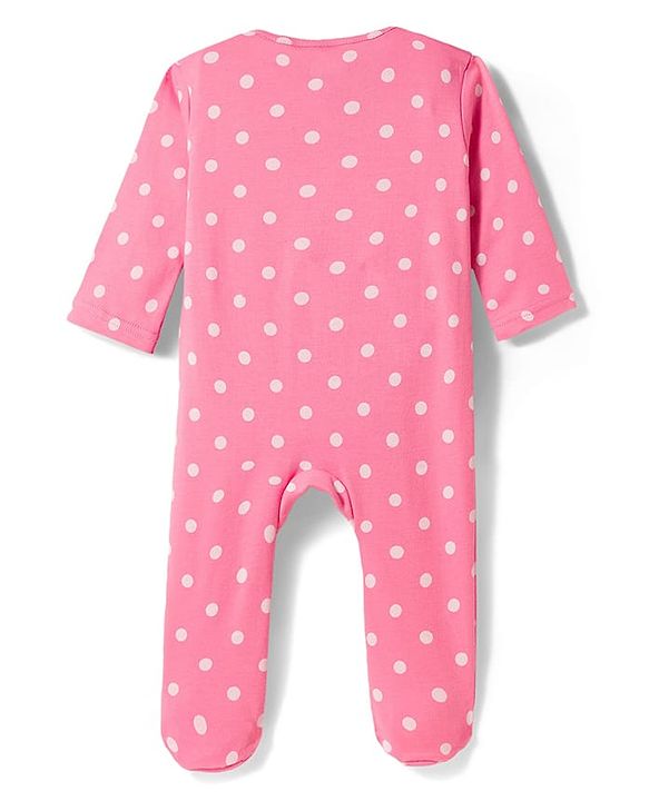 Babyhug Cotton Knit Full Sleeves Footed Sleepsuit With Polka Dots Print & Cap - Pink