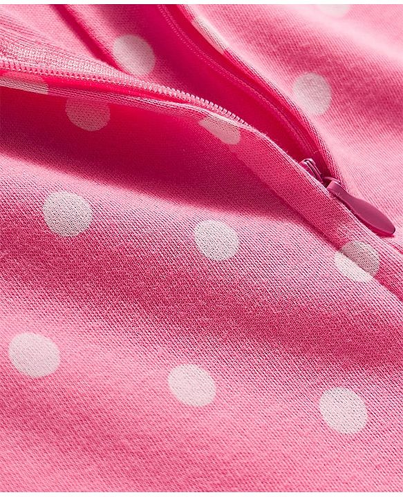 Babyhug Cotton Knit Full Sleeves Footed Sleepsuit With Polka Dots Print & Cap - Pink