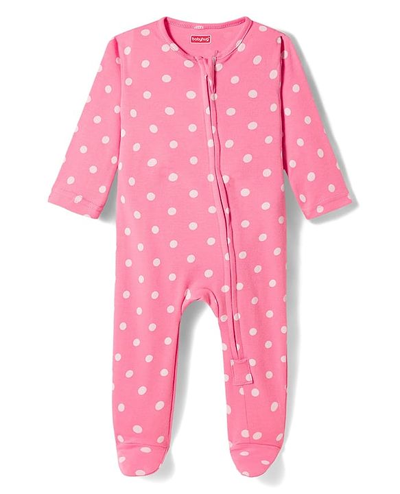 Babyhug Cotton Knit Full Sleeves Footed Sleepsuit With Polka Dots Print & Cap - Pink