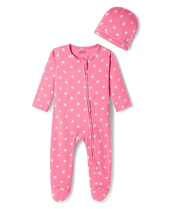 Babyhug Cotton Knit Full Sleeves Footed Sleepsuit With Polka Dots Print & Cap - Pink