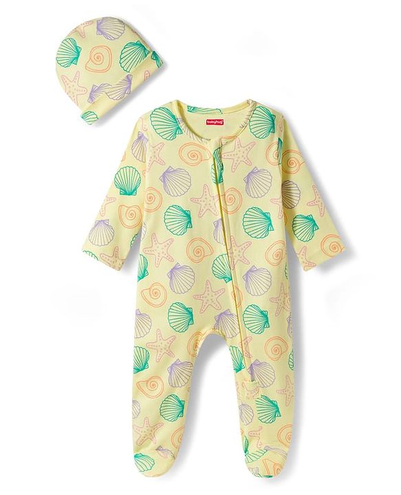 Babyhug Cotton Knit Full Sleeves Footed Sleepsuit With Star Fish Print & Cap - Light Yellow