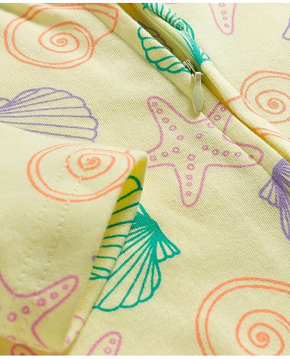 Babyhug Cotton Knit Full Sleeves Footed Sleepsuit With Star Fish Print & Cap - Light Yellow