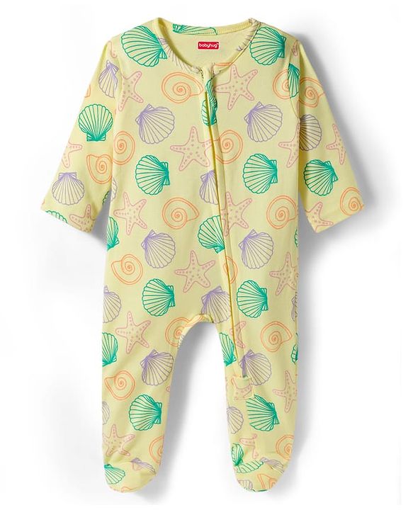 Babyhug Cotton Knit Full Sleeves Footed Sleepsuit With Star Fish Print & Cap - Light Yellow