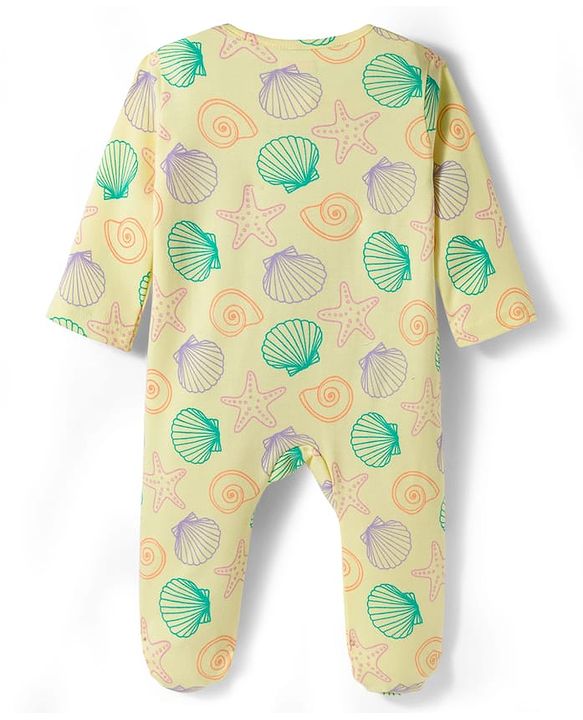 Babyhug Cotton Knit Full Sleeves Footed Sleepsuit With Star Fish Print & Cap - Light Yellow