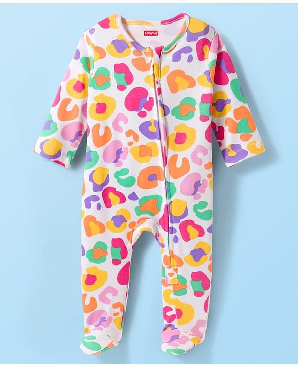 Babyhug Cotton Knit Full Sleeves Sleepsuit With Abstract Print & Cap - White