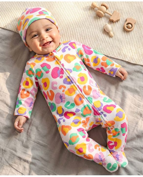Babyhug Cotton Knit Full Sleeves Sleepsuit With Abstract Print & Cap - White