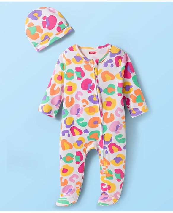 Babyhug Cotton Knit Full Sleeves Sleepsuit With Abstract Print & Cap - White