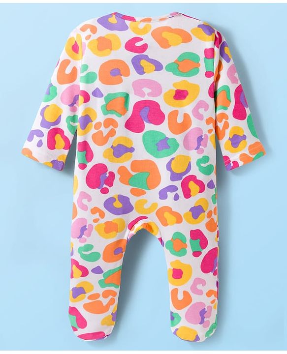 Babyhug Cotton Knit Full Sleeves Sleepsuit With Abstract Print & Cap - White
