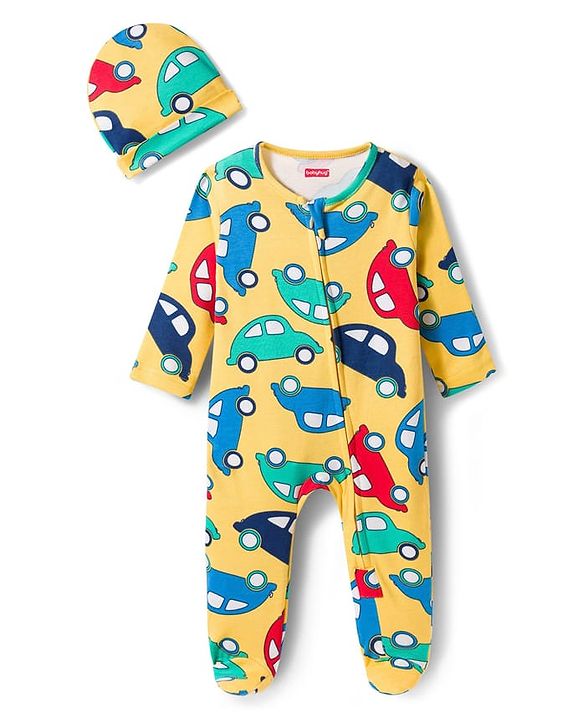 Babyhug Cotton Knit Full Sleeves Footed Sleepsuit With Vehicle Print & Cap - Yellow
