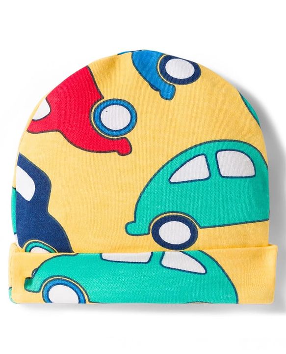 Babyhug Cotton Knit Full Sleeves Footed Sleepsuit With Vehicle Print & Cap - Yellow