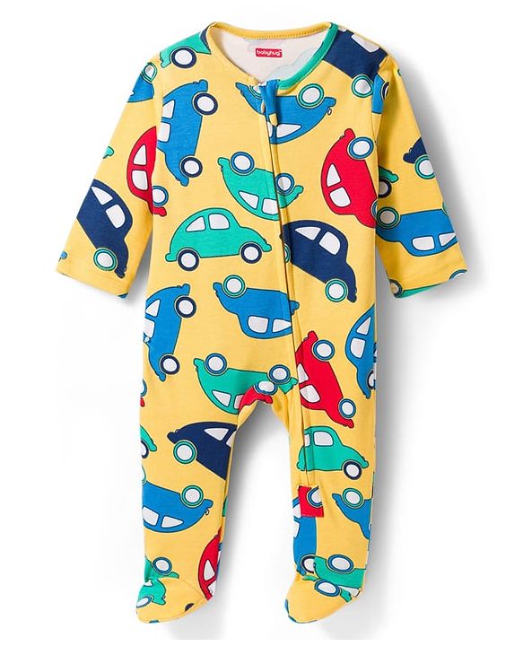 Babyhug Cotton Knit Full Sleeves Footed Sleepsuit With Vehicle Print & Cap - Yellow
