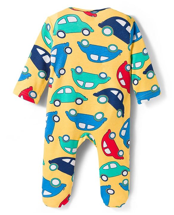 Babyhug Cotton Knit Full Sleeves Footed Sleepsuit With Vehicle Print & Cap - Yellow