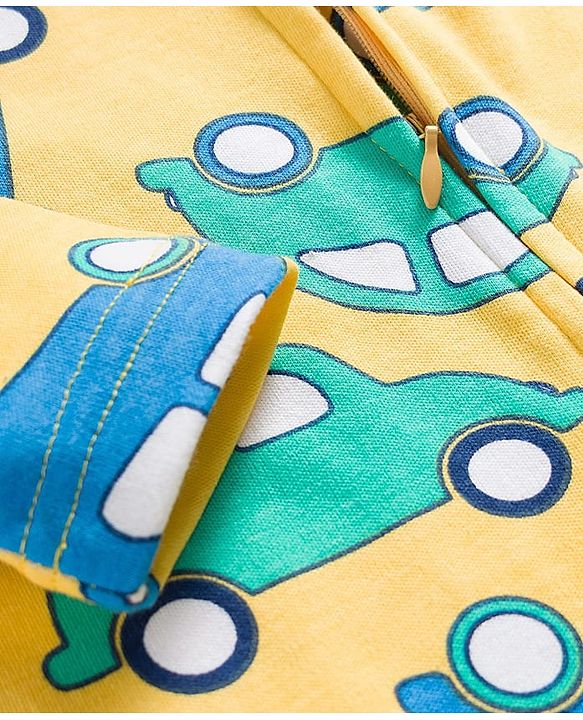 Babyhug Cotton Knit Full Sleeves Footed Sleepsuit With Vehicle Print & Cap - Yellow