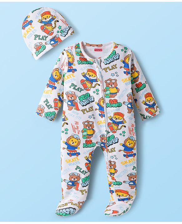 Babyhug Cotton Knit Full Sleeves Footed Sleepsuit With Bear Print & Cap - White