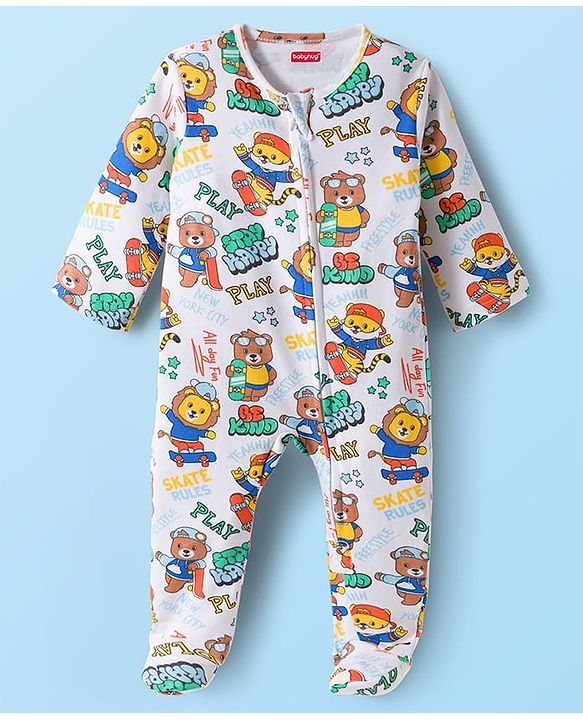 Babyhug Cotton Knit Full Sleeves Footed Sleepsuit With Bear Print & Cap - White
