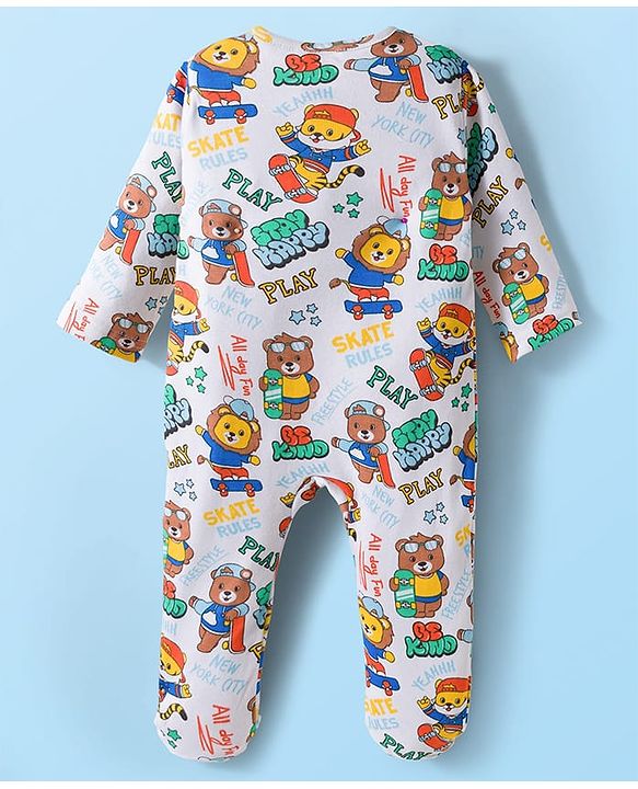 Babyhug Cotton Knit Full Sleeves Footed Sleepsuit With Bear Print & Cap - White