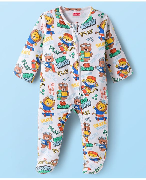Babyhug Cotton Knit Full Sleeves Footed Sleepsuit With Bear Print & Cap - White