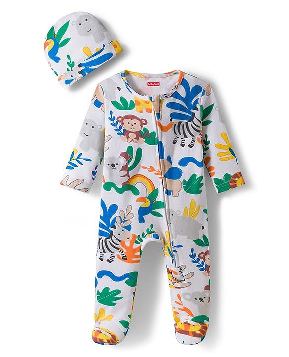 Babyhug Cotton Knit Full Sleeves Footed Sleepsuit With Jungle Theme Print & Cap - White