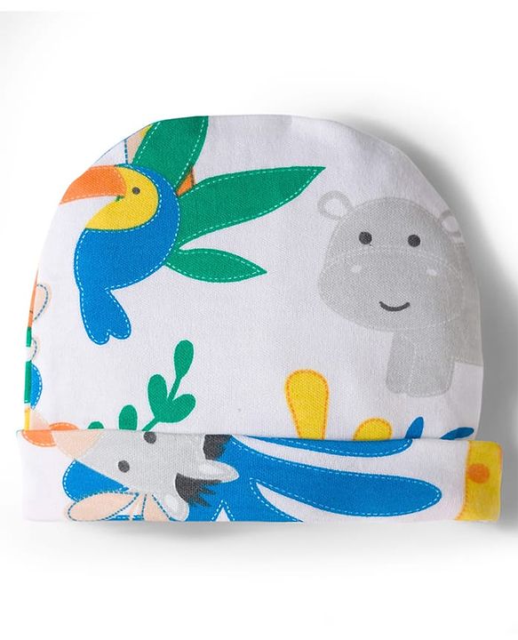 Babyhug Cotton Knit Full Sleeves Footed Sleepsuit With Jungle Theme Print & Cap - White