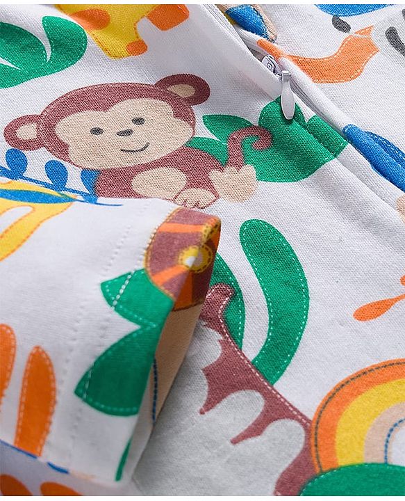 Babyhug Cotton Knit Full Sleeves Footed Sleepsuit With Jungle Theme Print & Cap - White