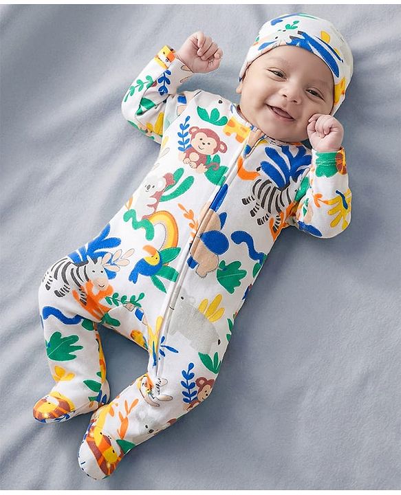Babyhug Cotton Knit Full Sleeves Footed Sleepsuit With Jungle Theme Print & Cap - White