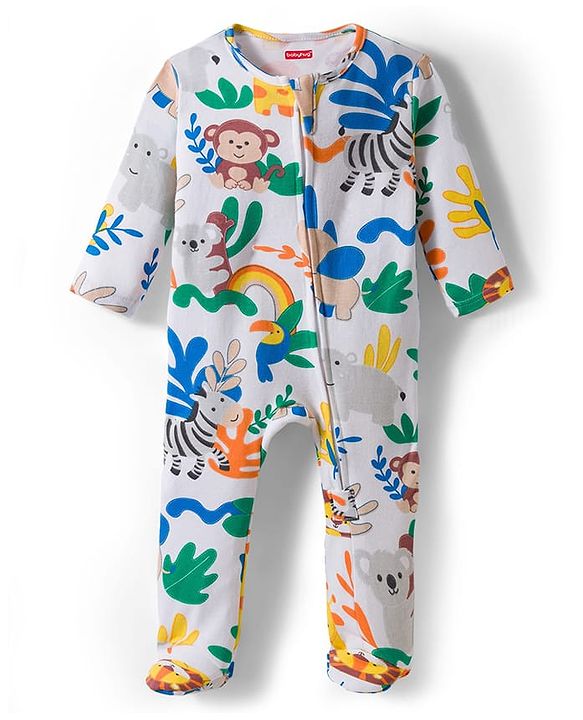 Babyhug Cotton Knit Full Sleeves Footed Sleepsuit With Jungle Theme Print & Cap - White