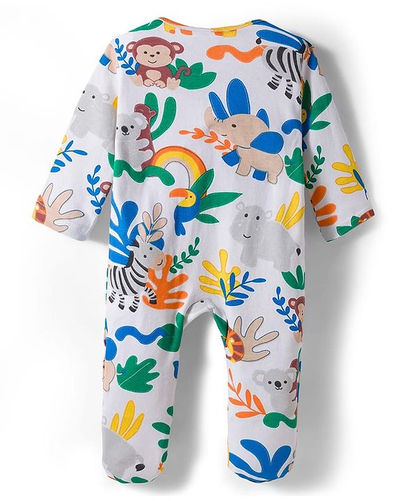Babyhug Cotton Knit Full Sleeves Footed Sleepsuit With Jungle Theme Print & Cap - White