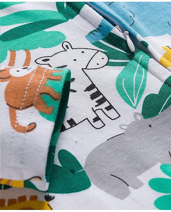 Babyhug Cotton Knit Full Sleeves Footed Sleepsuit With Jungle Theme Print & Cap - White