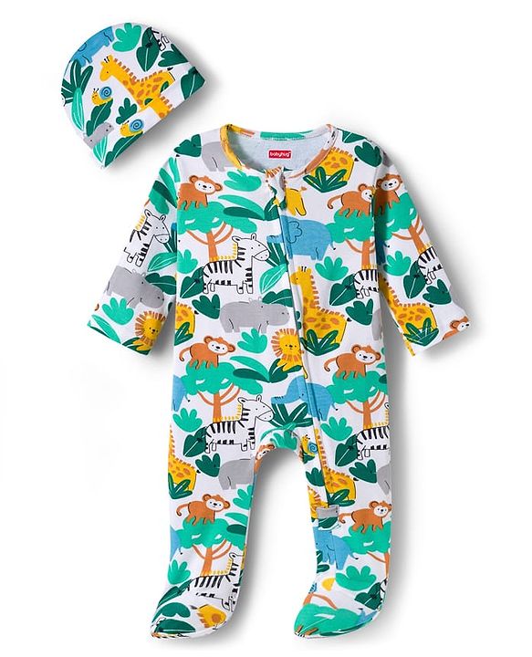 Babyhug Cotton Knit Full Sleeves Footed Sleepsuit With Jungle Theme Print & Cap - White