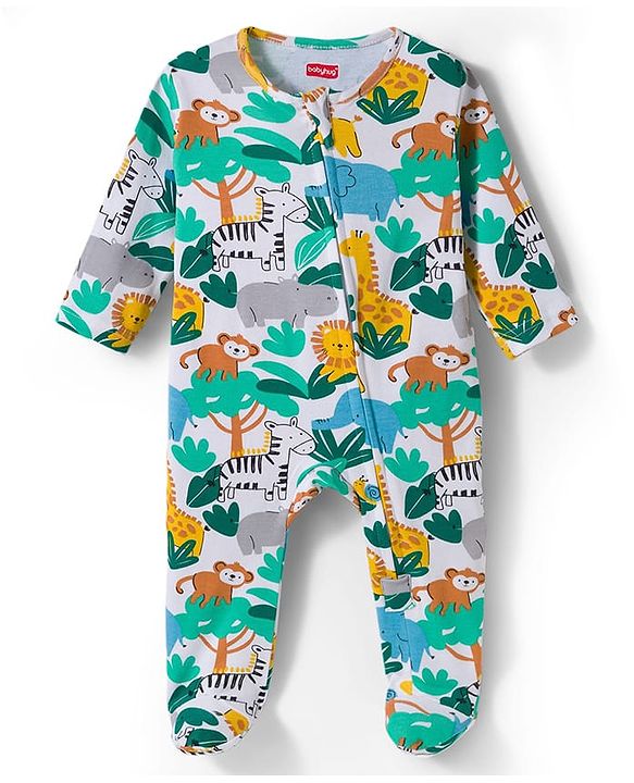 Babyhug Cotton Knit Full Sleeves Footed Sleepsuit With Jungle Theme Print & Cap - White