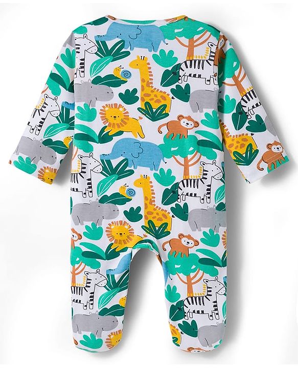 Babyhug Cotton Knit Full Sleeves Footed Sleepsuit With Jungle Theme Print & Cap - White