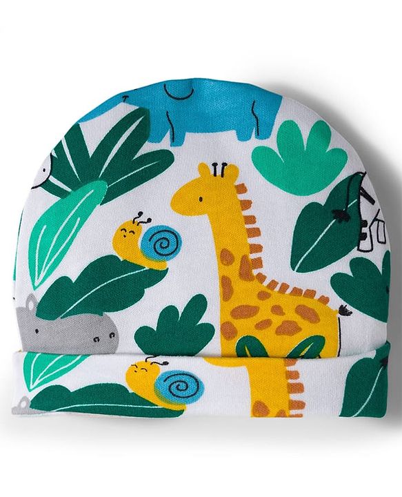 Babyhug Cotton Knit Full Sleeves Footed Sleepsuit With Jungle Theme Print & Cap - White