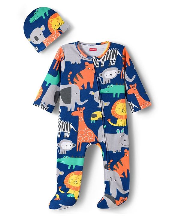 Babyhug Cotton Knit Full Sleeves Footed Sleepsuit With Jungle Theme Print & Cap - Navy Blue