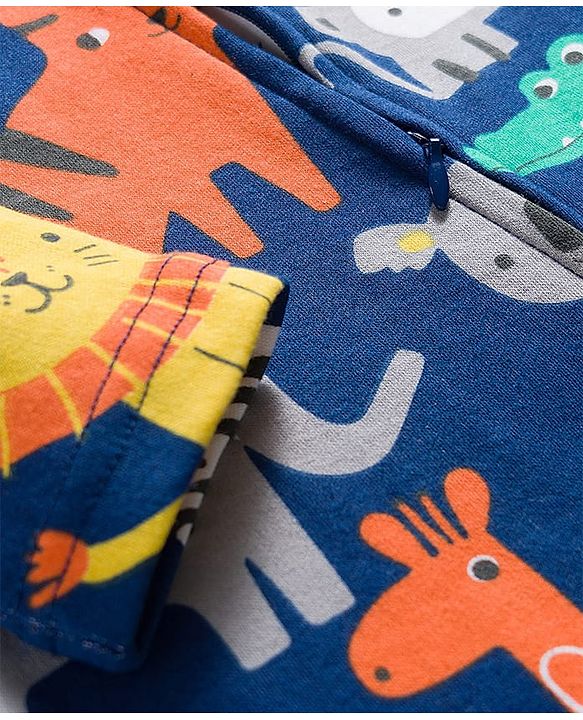 Babyhug Cotton Knit Full Sleeves Footed Sleepsuit With Jungle Theme Print & Cap - Navy Blue