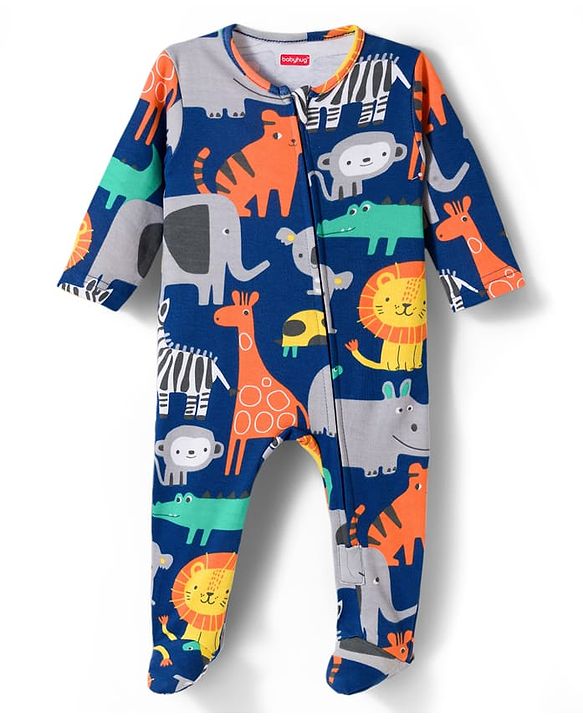 Babyhug Cotton Knit Full Sleeves Footed Sleepsuit With Jungle Theme Print & Cap - Navy Blue