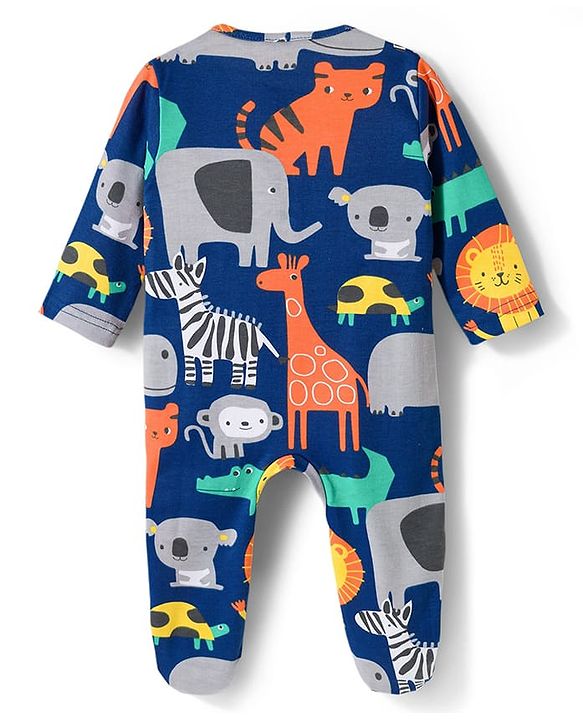Babyhug Cotton Knit Full Sleeves Footed Sleepsuit With Jungle Theme Print & Cap - Navy Blue