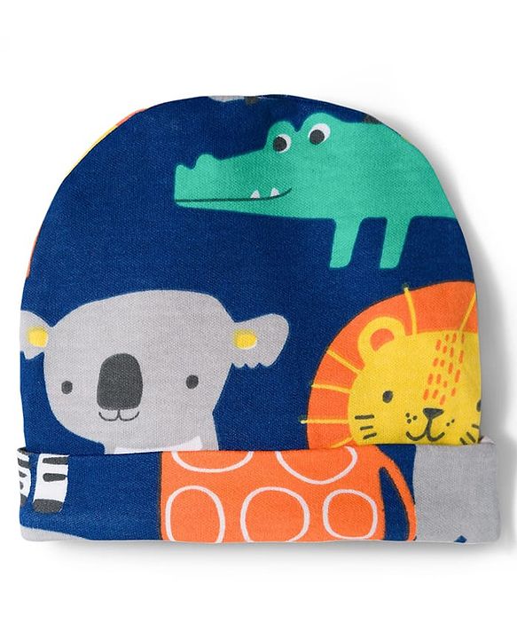 Babyhug Cotton Knit Full Sleeves Footed Sleepsuit With Jungle Theme Print & Cap - Navy Blue