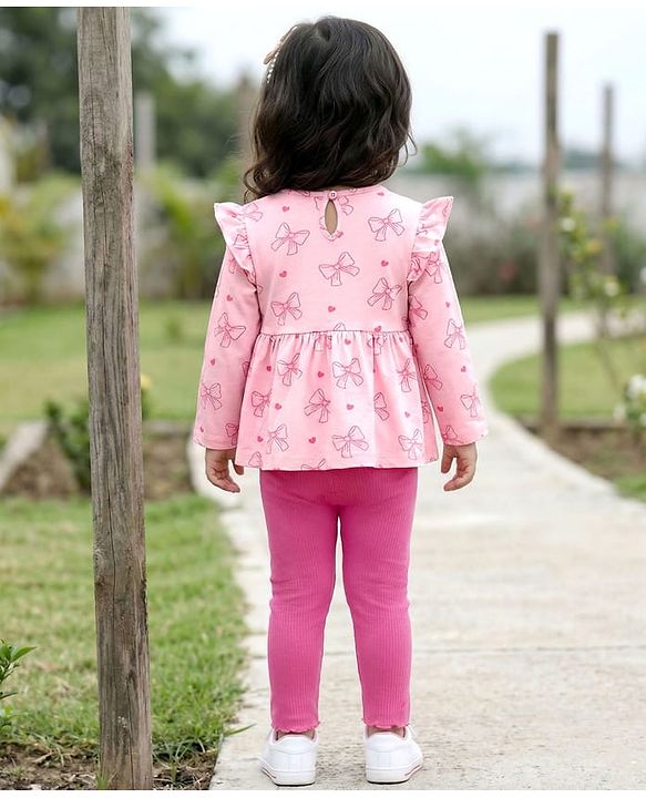 Babyhug Single Jersey Knit Full Sleeves Top & Leggings Set With Bow & Heart Print - Pink