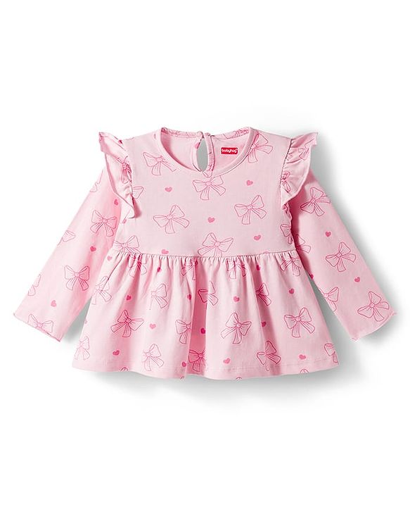 Babyhug Single Jersey Knit Full Sleeves Top & Leggings Set With Bow & Heart Print - Pink