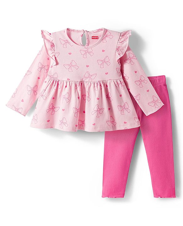 Babyhug Single Jersey Knit Full Sleeves Top & Leggings Set With Bow & Heart Print - Pink