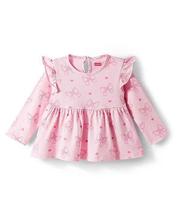 Babyhug Single Jersey Knit Full Sleeves Top & Leggings Set With Bow & Heart Print - Pink